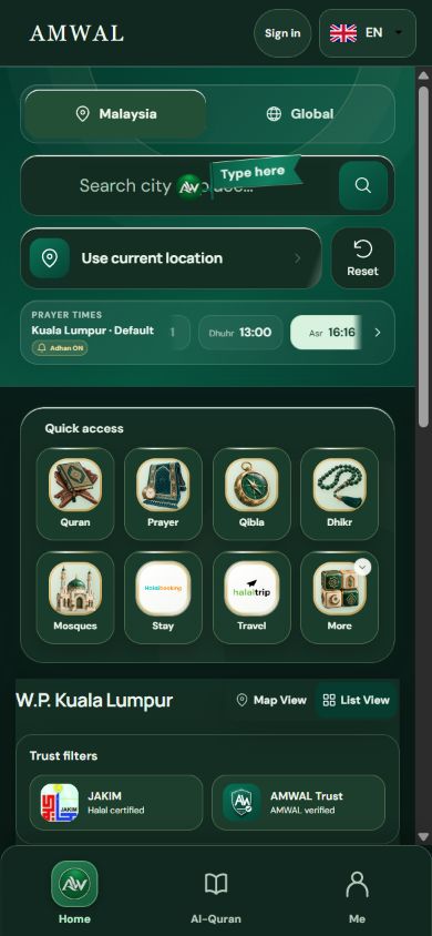 AMWAL app: discovery, prayer times, quick access and Home, Al-Quran, Me navigation